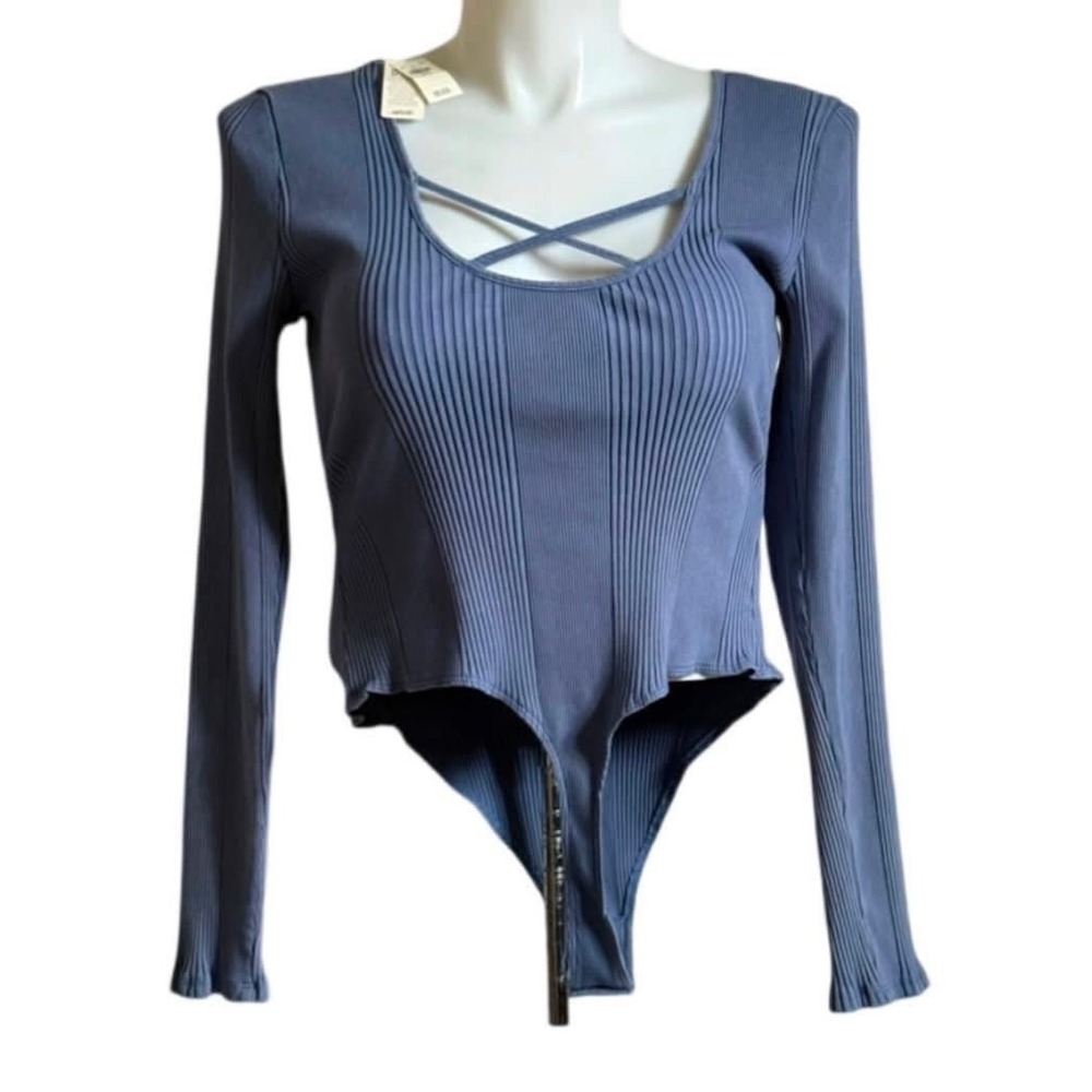 NEW NWT Aerie Ribbed Long Sleeve Bodysuit Blue Crisscross Neck Size XL